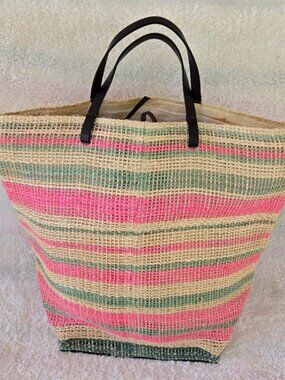 Tote Le Monde Striped Pink and Green Raffia Woven Tote Bag